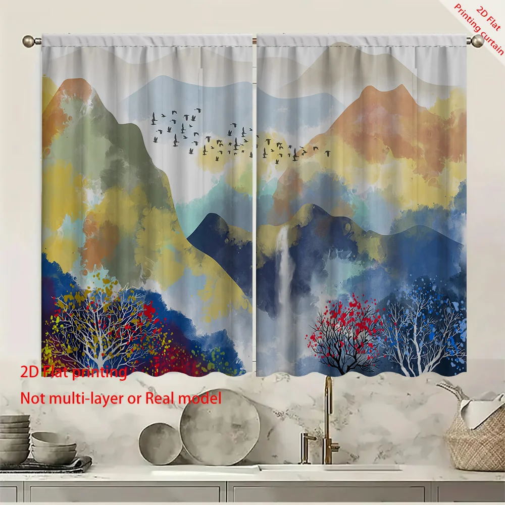 Landscape watercolor printed curtains, home decoration blackout curtains, suitable for dormitories, offices, bedrooms, balconies