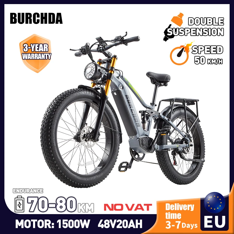 BURCHDA RX80 Electric Bike 1500W Motor Adults 48V20AH Electric Bicycle 26 Inch 4.0 Fat Tires Snow Mountain Bike MTB OFF-Road