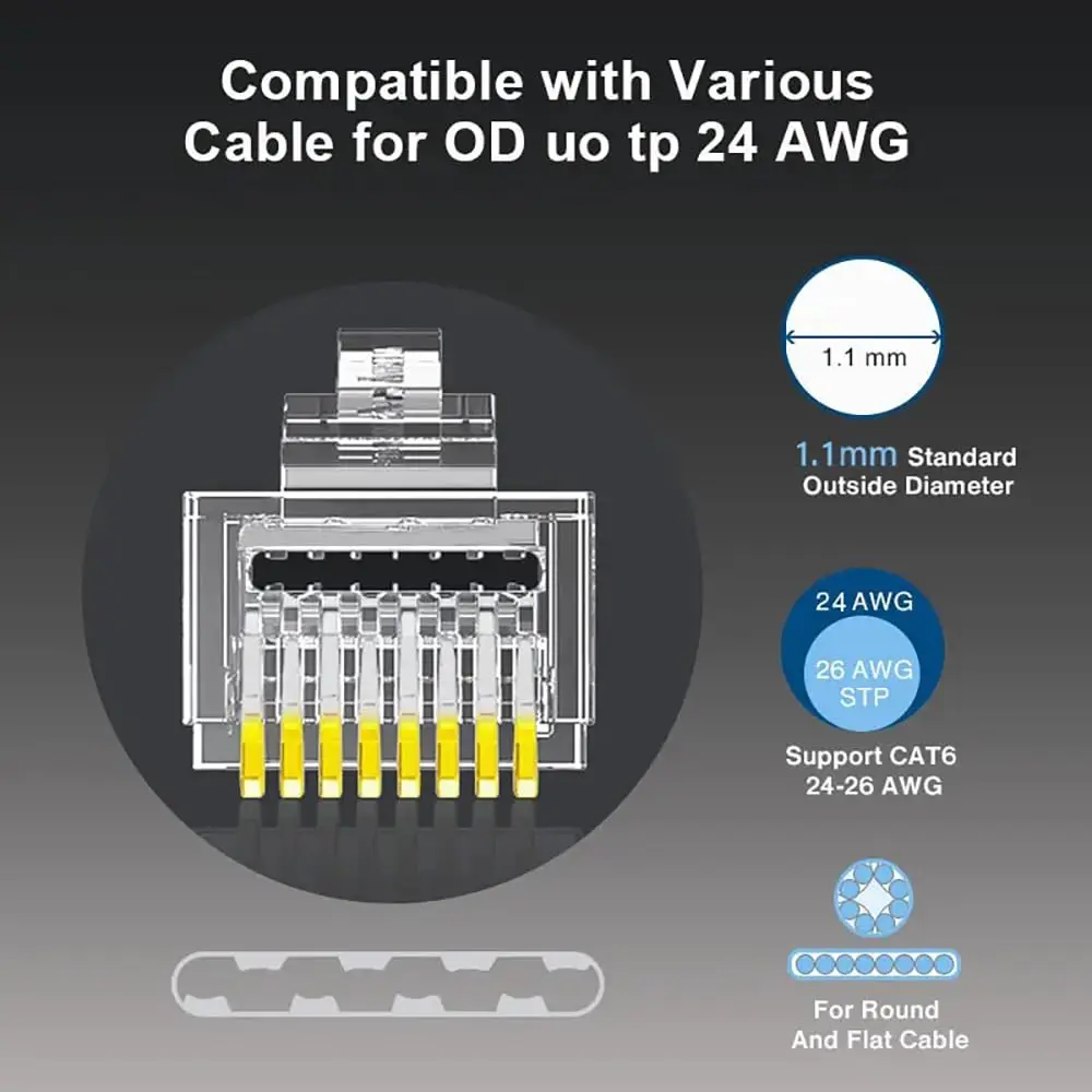 ZoeRax Confezione da 100 connettori passanti RJ45 Cat6 Spine modulari RJ45 schermate Foro da 1,1 mm per cavo FTP/STP solido o intrecciato