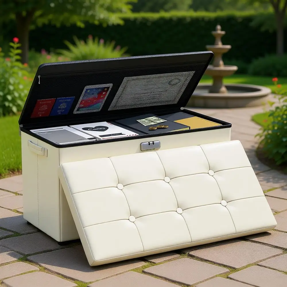 

30 Inch Waterproof Leather Storage Ottoman with Lock, Ideal for Bedroom - Beige