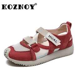 Koznoy 3cm siatka powietrzna damskie buty buty do kostki ze skóry naturalnej elastyczne oddychające Lady haczyk letnie puste buty na koturnie