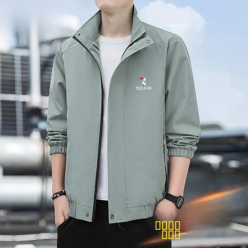 

Slim Fit Men's Casual Sport Jaet Spring Autumn Windproof Stand Collar Korean Sle Faionable Printed Polyester Fiber