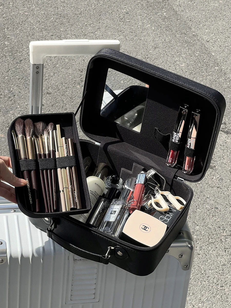 Portable eup Bag with Mirror Large Capaci Layered Cosmetic Storage Bag Women\'s Handbag Sle  Color Pure Color