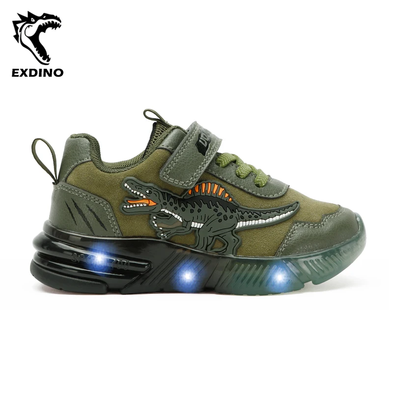 EXDINO Kleine Kinder Frühling Herbst LED Spinosaurus Leuchten Schuhe Kinder Dinosaurier Jungen Blinkende Outdoor Casual Sport Turnschuhe