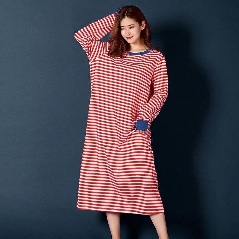 

Fashion O-Neck Striped Casual Dresses Female Clothing 2023 Autumn Winter Loose All-match Printed Midi Dress