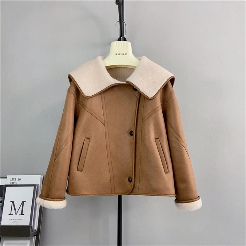 Female Pure Wool Splicing Navy Collar Suede Jacket Women Sheep Shearling Short Warm Coat PT451