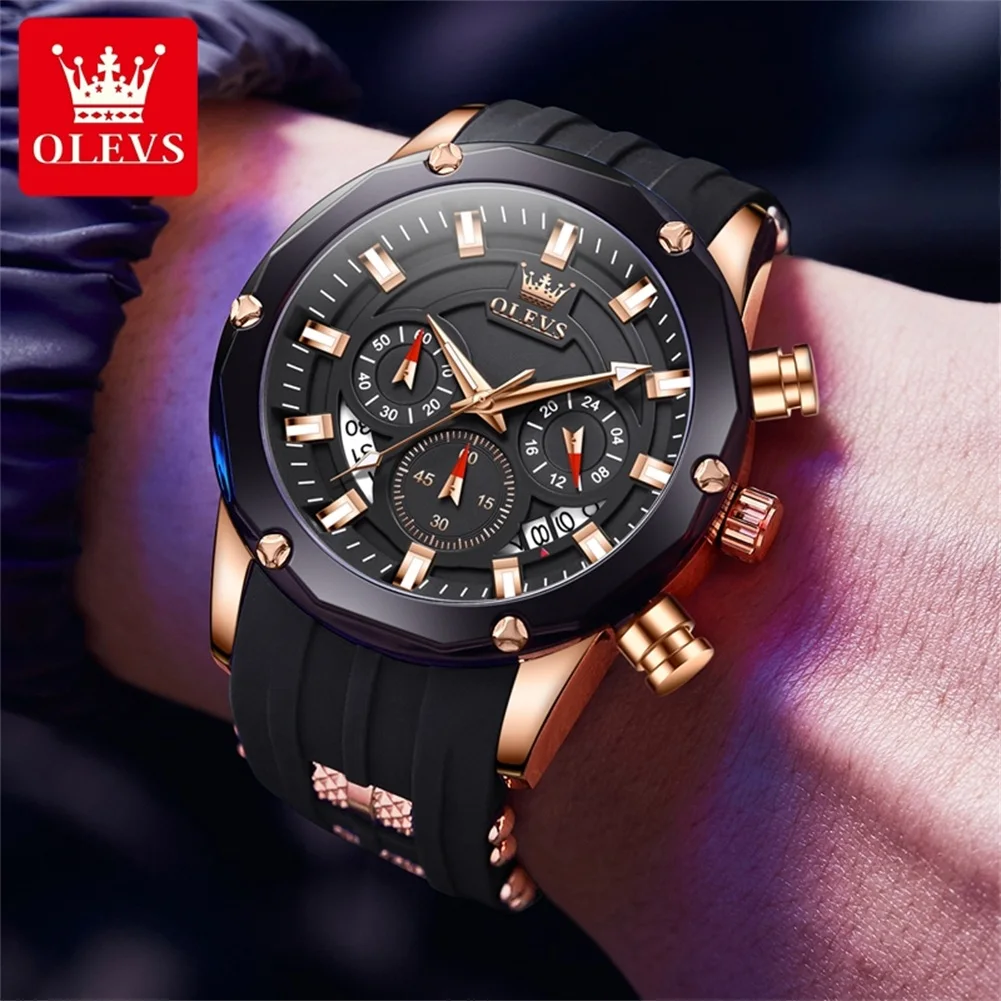 OLEVS Original Quartz Watch for Men Chronograph Calendar Silicone Strap Men\'s Wristwatch Brand Luxury Analog Sports Watches New