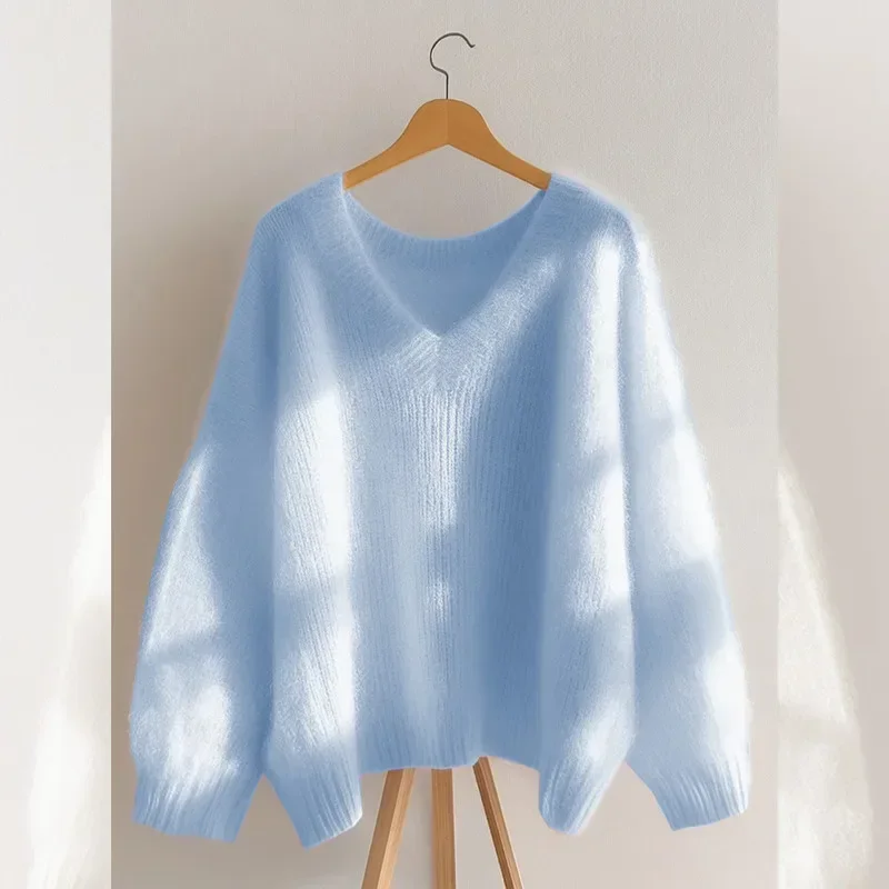 高品質カジュアルニットプルオーバー女性秋冬ルーズ V ネックウールニットセーター女性韓国モヘアニット