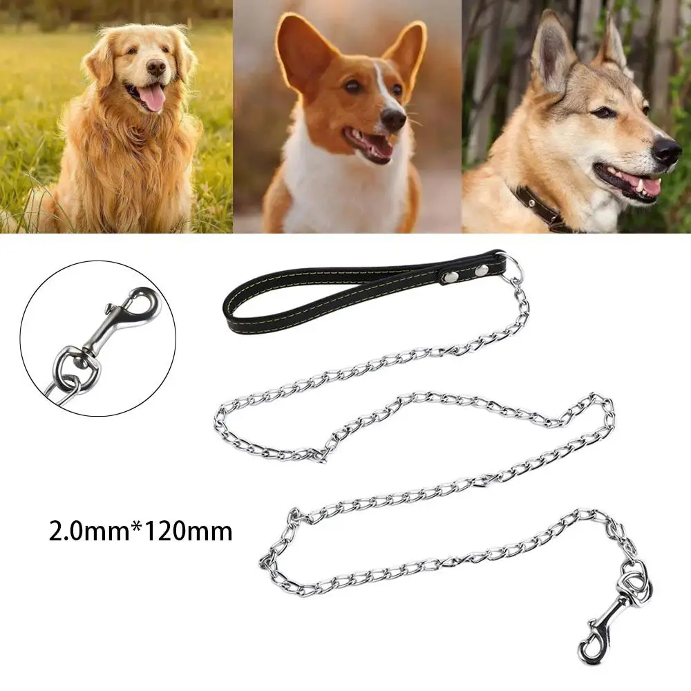 Heavy Duty Metal Chain Dog Lead With Leather Handle Long Strong Control Leash Outdoor Pet Traction Rope Anti Bite Chain Supplies