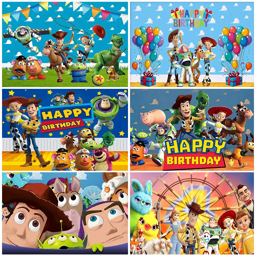 

Disney Toy Story Buzz Lightyear Birthday Backdrop Cartoon Woody Party Decorations Baby Shower Supplies Poster Photo Studio Props