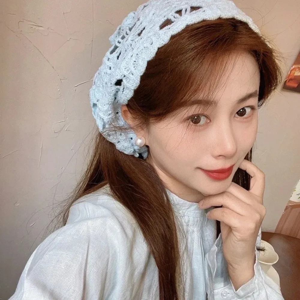 

Elegant French Knitted Headband Pastoral Style Bohemian Triangle Turban Floral Handmade Women Hair Scarf Girl Hair Accessories