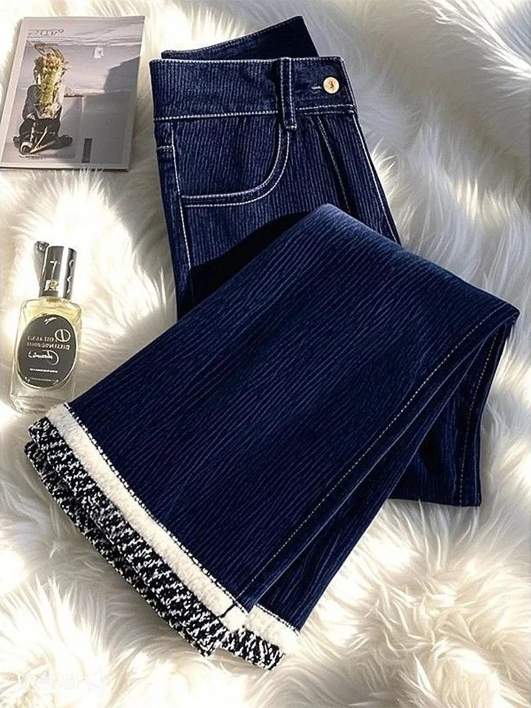 Autumn Winter New Fashion High Waist Design Patchwork Color Blocking Corduroy Pant Women High End Navy Blue Flared Pants