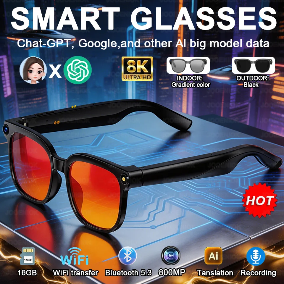 

AI Smart Glasses Anti-shake 800MP HD Camera Translation Video Voice Record Photo Recognition BT Call Music Play Sunglasses Men