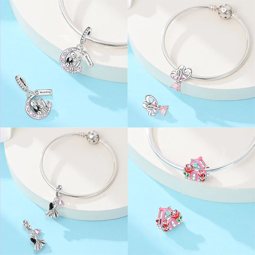 

Romantic Original 925 Silver Beads Fit Bracelet Valentine's Gift Jewelry Women Diy Happy Wedding Car House Eternal Roses Hearts