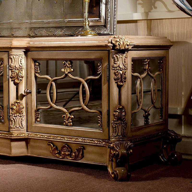 European living room furniture, solid wood carving flower four-door TV cabinet, French gold-painted hall cabinet