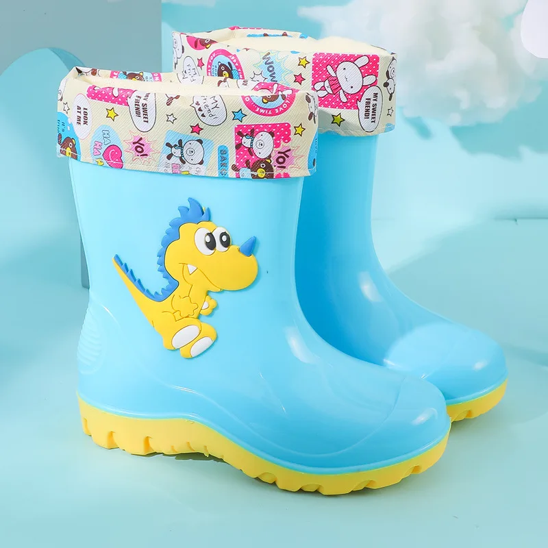 New Children Rain Boots Girls Cute Dinosaur Students Water Shoes Boys Waterproof Anti Slip Rubber Boots Cotton Warm Infant Boots