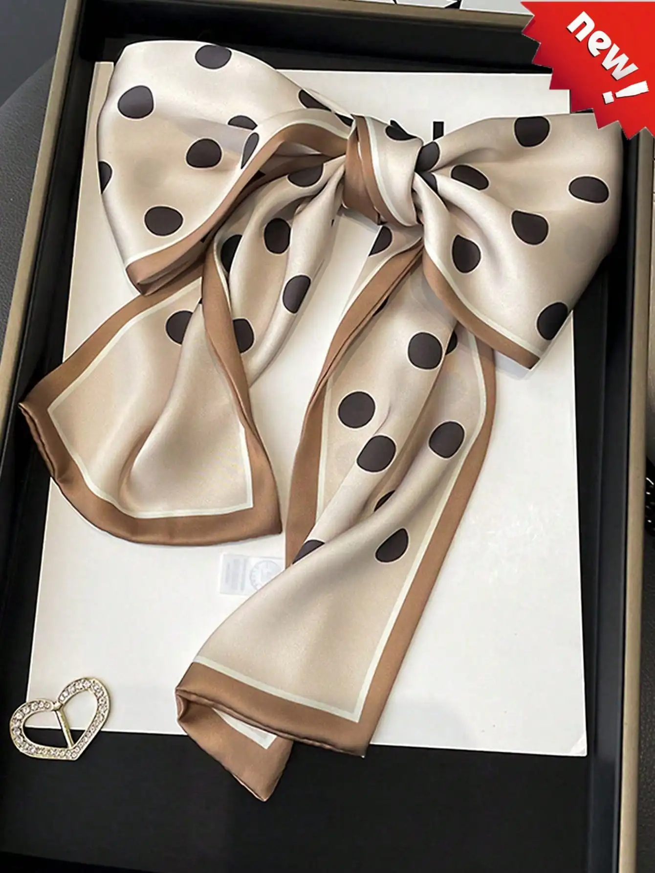 

Women’s Polka Dot Satin Scarf with Double Layer Ribbon - Elegant Versatile Accessory for Neck, Head, Hair, Handbag, Waist Belt