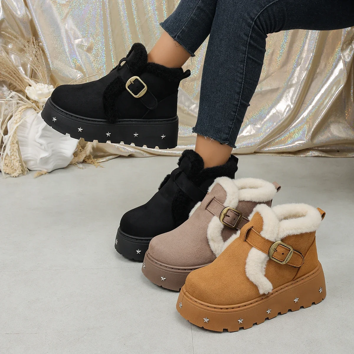 Women Snow Boots 2026 New Non-slip Flat Cotton Shoes Faux Fur Thick Sole Shoes Woman Warm Plush Lined Platform Ankle Boots Women