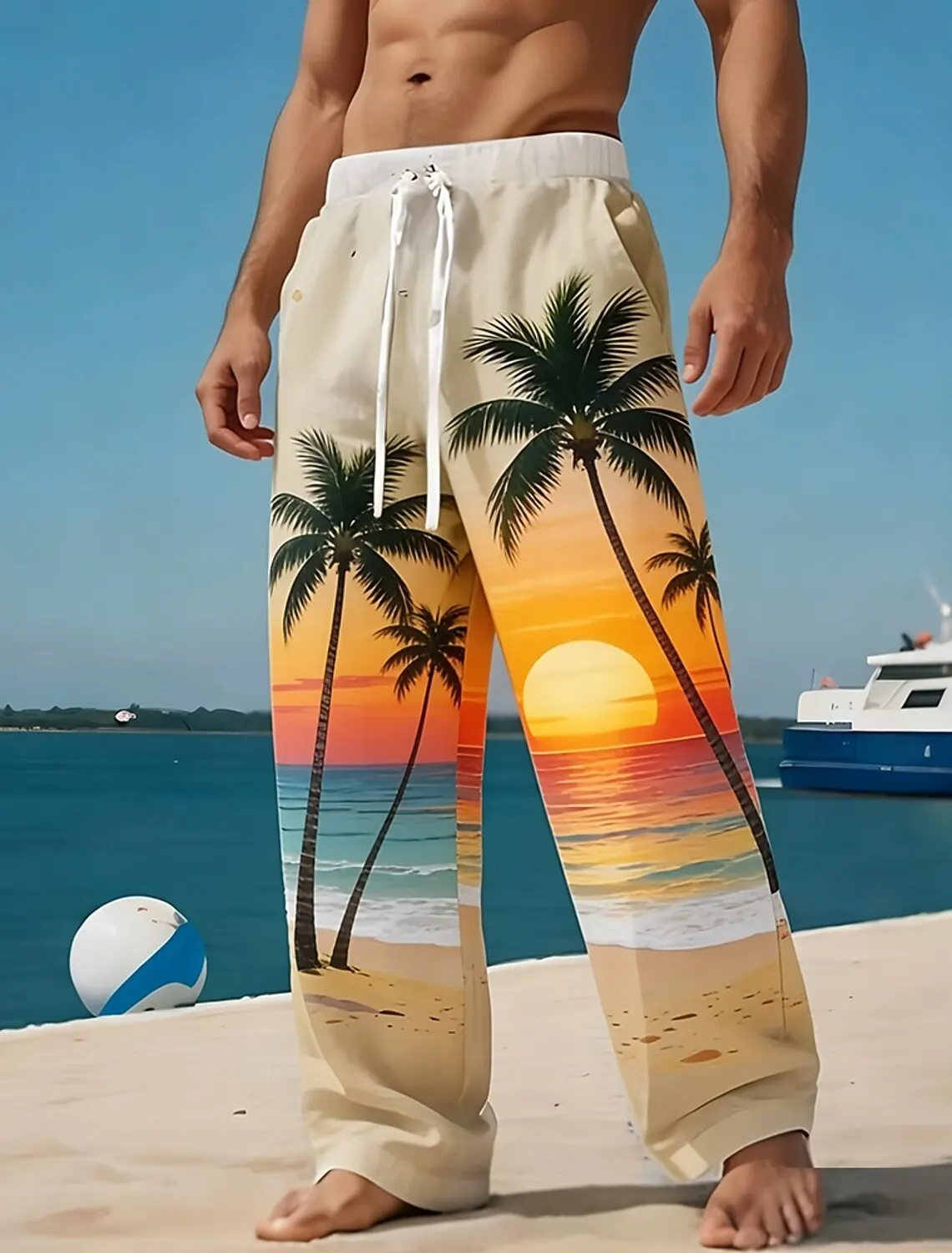 Men's Coconut Tree Tropical Plants Casual Pants, Baggy Mid Waist, Elastic Drawstring Waist, Hawaiian Outdoor Vacation Pants