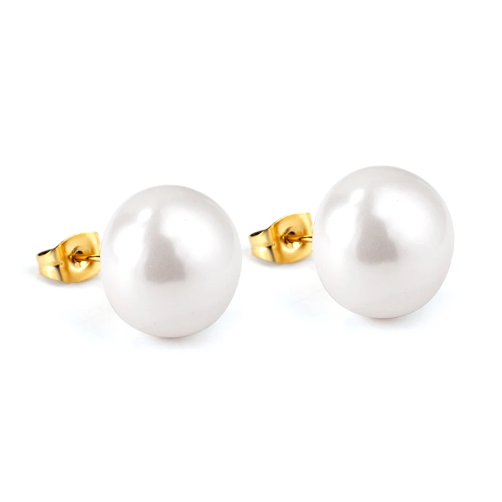 LUXUSTEEL Modeaccessoires, geeignet für Damen, Bankett, Edelstahl, flach, weiße Perle, goldfarben, antiallergische Ohrringe