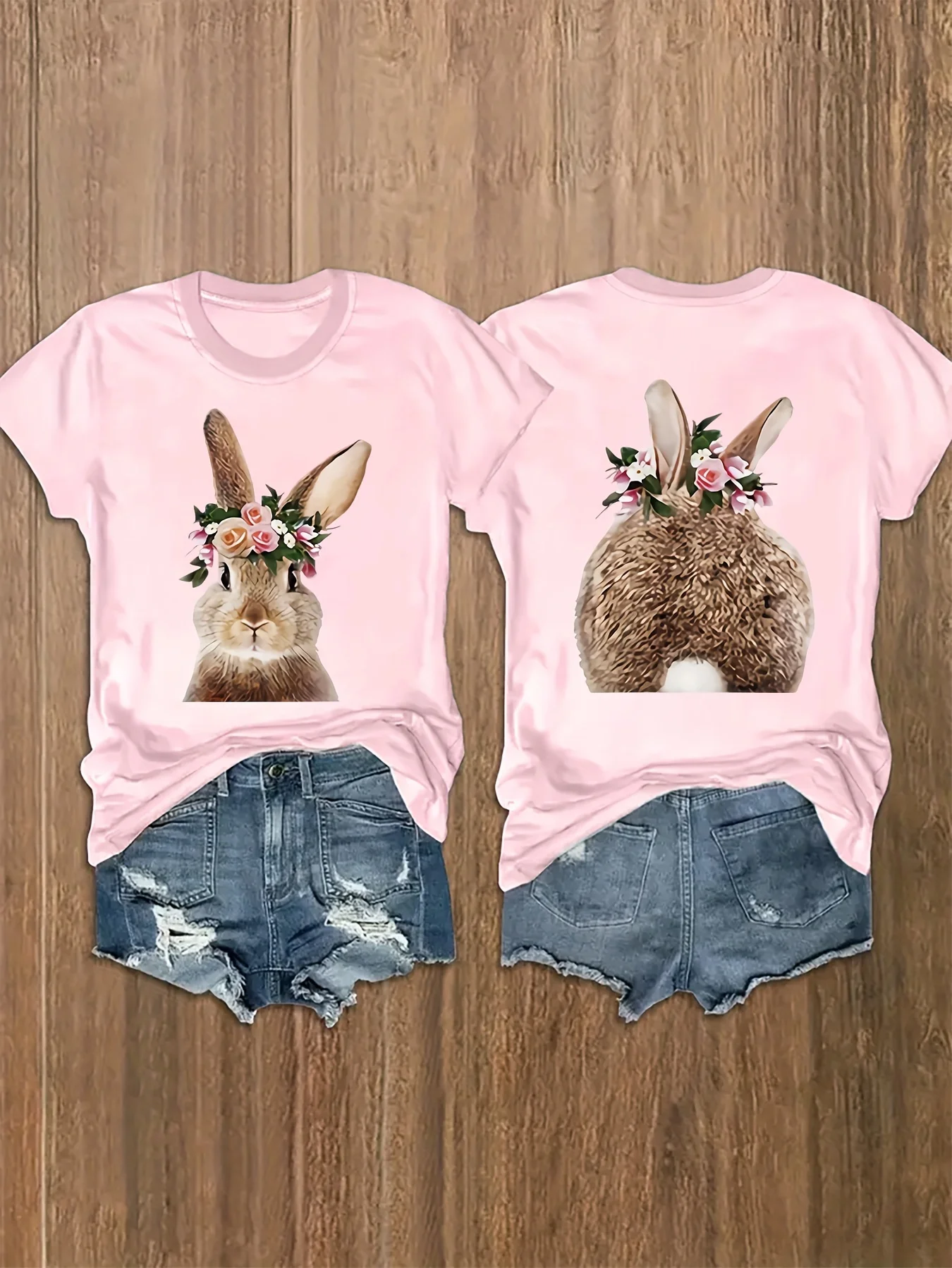 

Женская розовая футболка больших размеров с короткими рукавами, милый кролик с цветочным принтом и цветочным венком, милая и модная