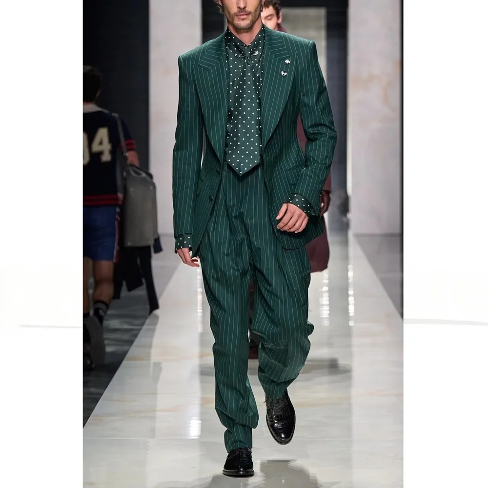 Luxury Geen Pinstripe Men's Suits High Quality 2 Piece Jacket Pants Outfit Fashion Single Breasted Peak Lapel Slim Fit Clothing