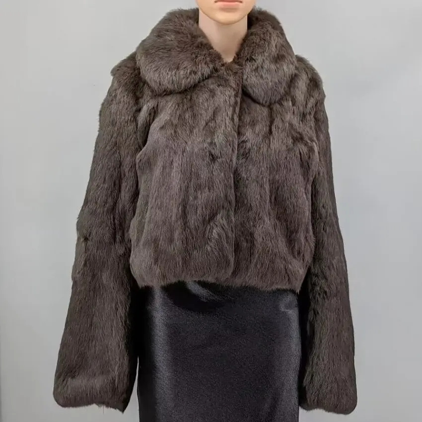 Women Coffee Brown Real Whole Curly Rabbit Fur Short Jacket Notch Lapel Toggle Button Warm Winter Casual Fur Outerwear 241171