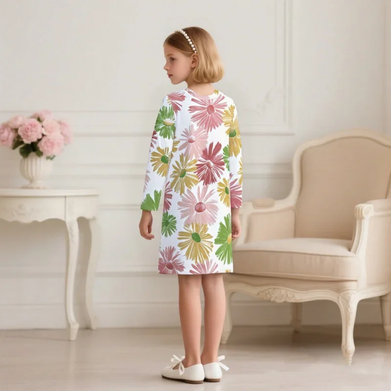 2025 New | Cross-border Best-Selling Girls' Long Sleeve Dress - Color Floral Print Cute Casual Party Children's Clothing