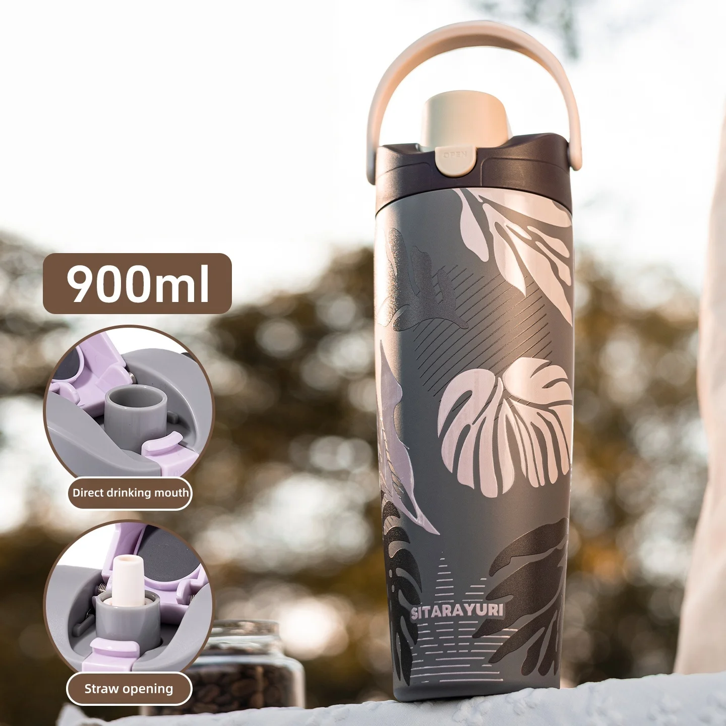 1pc Double-drinking insulated cup, 900ml large-capacity stainless steel handle cup, portable outdoor car sports water bottle
