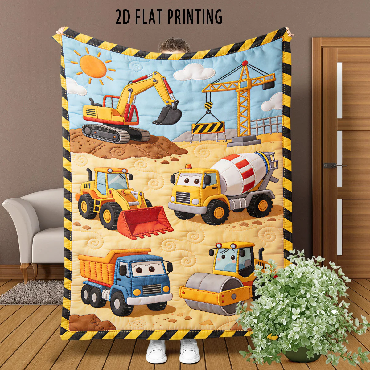1pc 2D Printed Lightweight Flannel Blanket, Construction Site Cartoon Engineering Vehicle Blanket, Excavator Bulldozer Pattern N