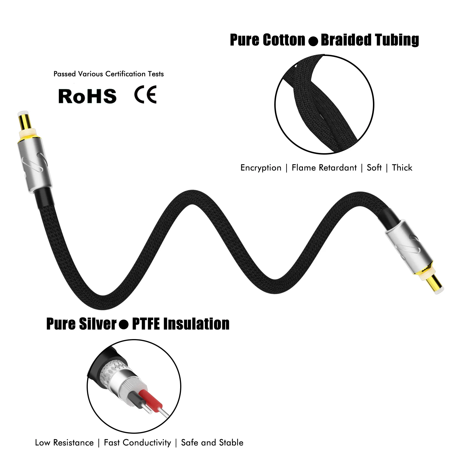 DC Cable 4N 99.998% Pure Silver HiFi Audio DC Power Cable DC Extension Cord 5.5 x 2.1mm 12V 0.5A for Amplifier Speaker
