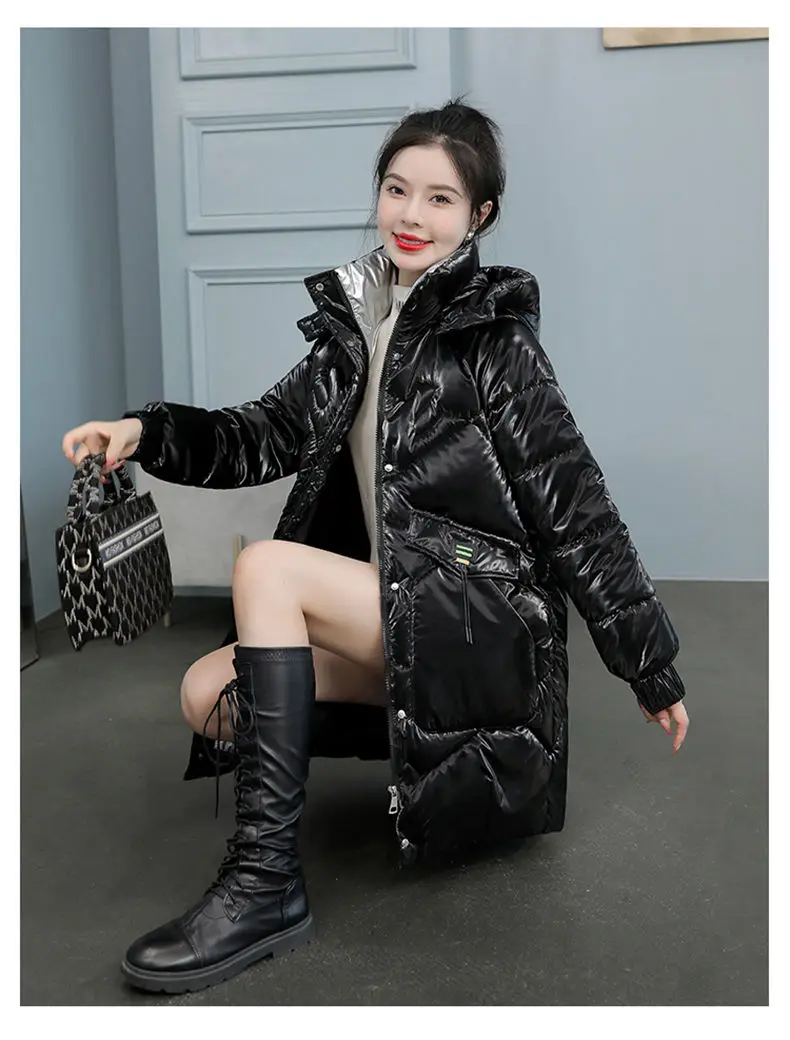 2026 Winter New Gloss Cotton Jacket Women's Medium to Long Korean Loose Coat Lady Thick Hooded Coats Female Warm Parker Overcoat