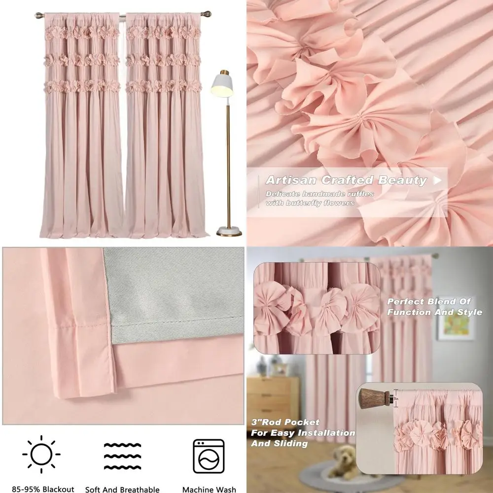 

Элегантные трехслойные шторы персиково-розового цвета с рюшами-бабочками, 52x96, затемняющие и звукоизоляционные, можно стирать в машине