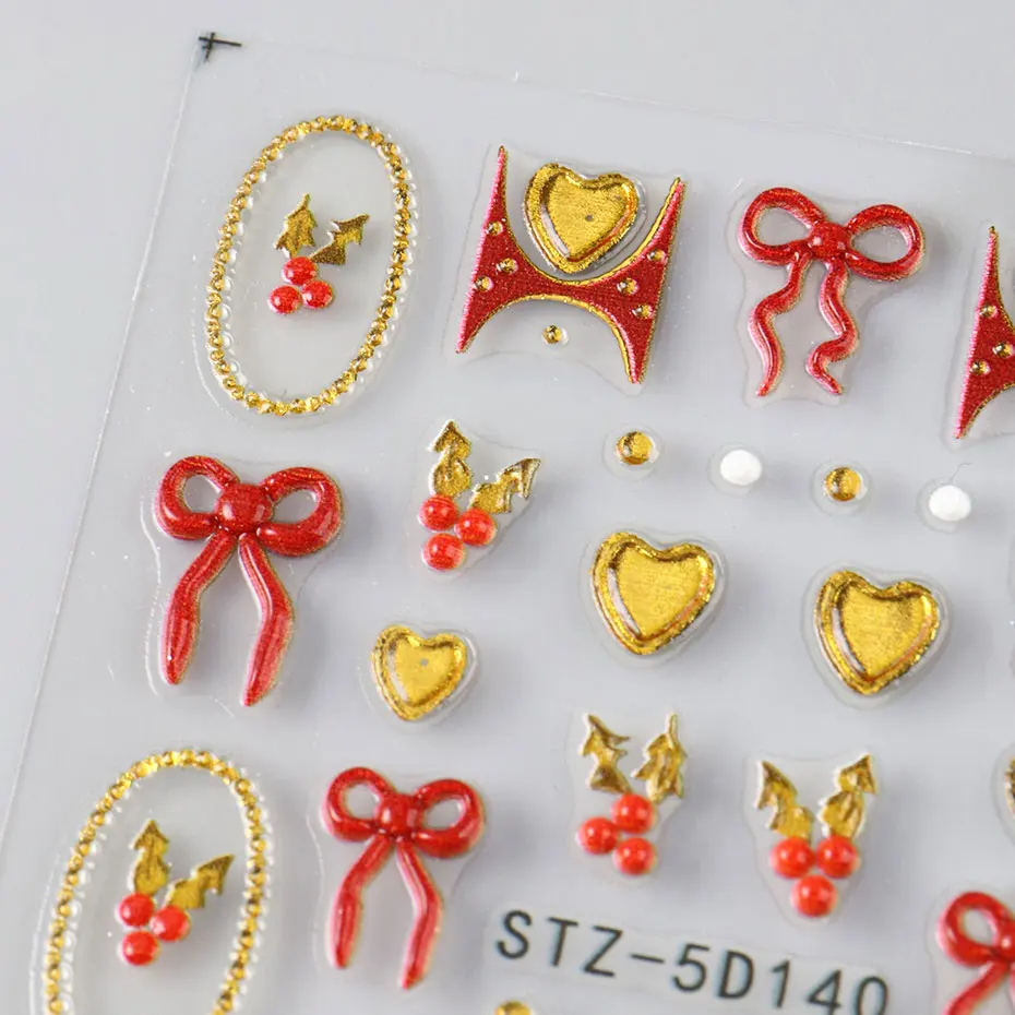 1/2 قطعة 5D لطيف تنقش Bowknot القلب المنزلق لمسمار Kawaii هولي ليف الذهبي الحب تصميم ملصق الفرنسية مانيكير اكسسوارات