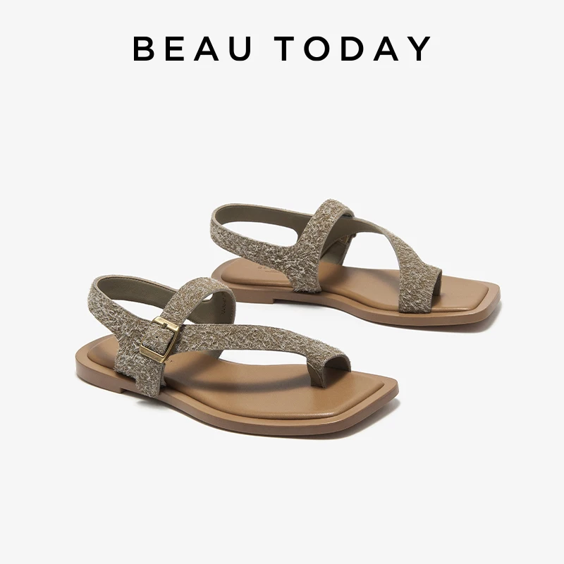 BEAUTODAY Casual Sandals Women Genuine Leather Round Toe Buckled Flat Shoes Low Heels New Summer Outdoors Beach for Ladies 32454