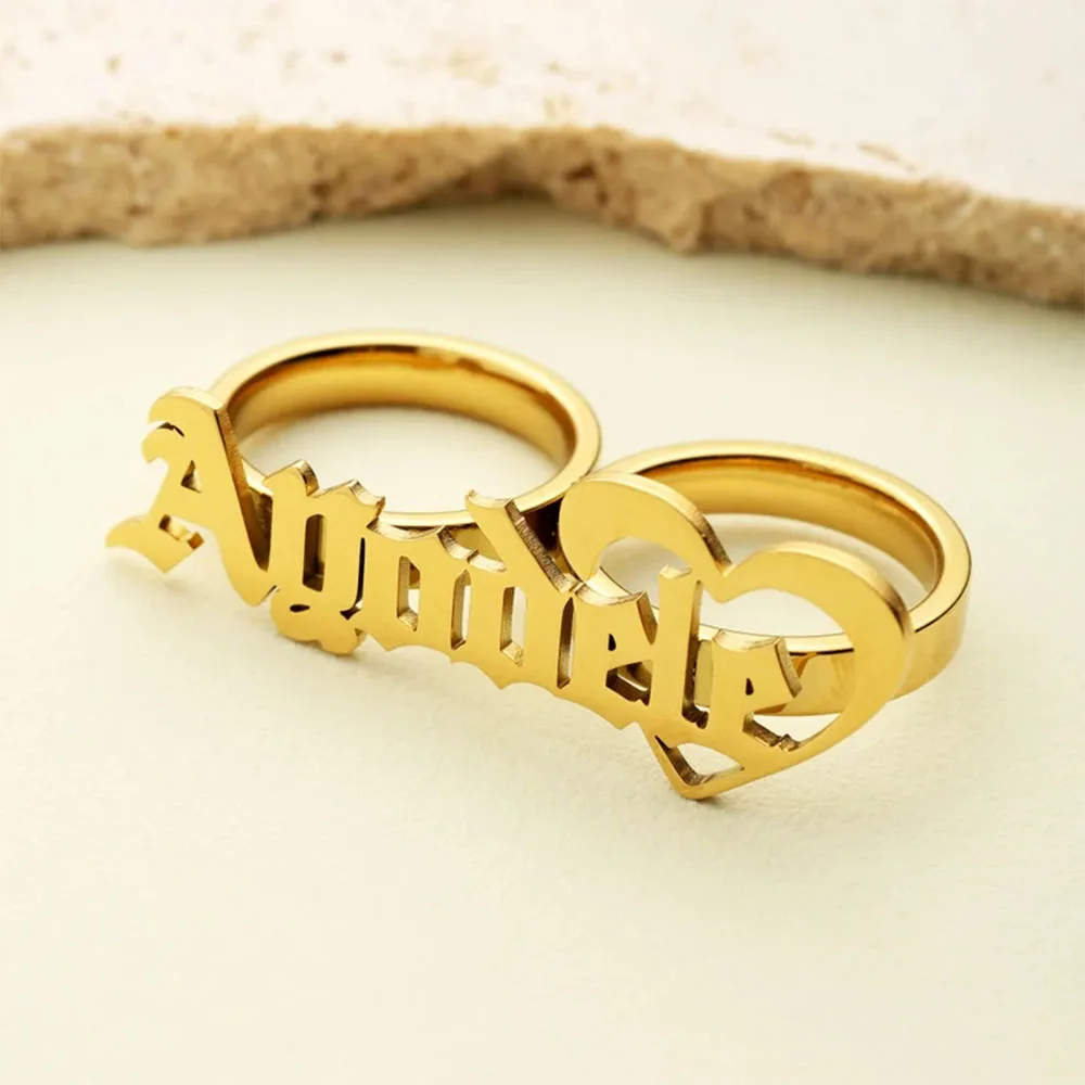 New in Stainless Steel Name Ring Woman Personalized Large 2 Finger Ring Knuckle Fashion Gold Double Finger Ring Men Couple Gift