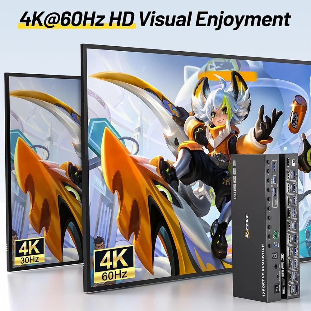 10 poorten KVM-switch 4K bij 60 Hz EDID-simulatie, KCEVE HDMIUSB 3.0 KVM-switch voor 10 computers Deel 1 monitor + 4 USB-apparaten