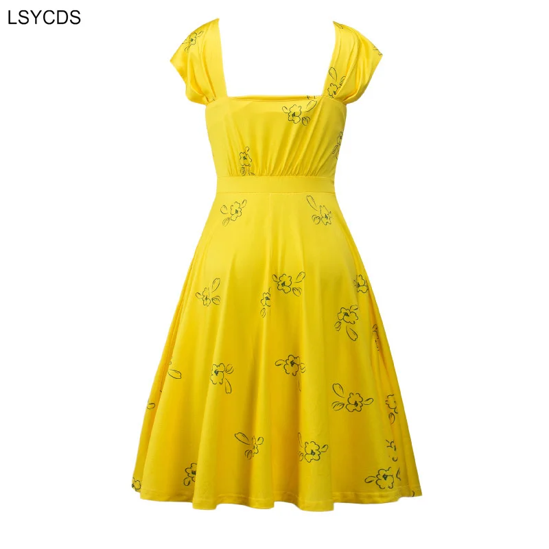 LSYCDS Vintage Cute Floral Print Yellow Women Dresses 2024 Casual Summer Cap Sleeve Square Collar Backless Elegant Skater Dress