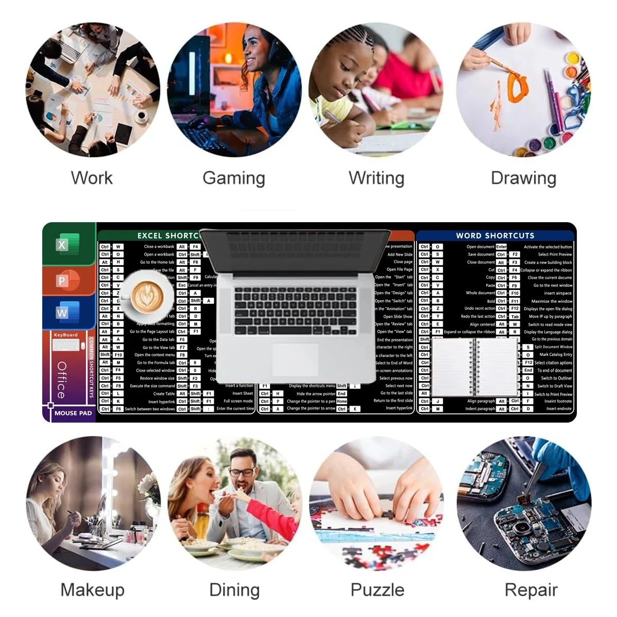 Programmer Mouse Pad Office Shortcut Non-Slip Desk Mat With Printed Windows Office WPS PowerPoint Mousepad Durable Smooth Carpet