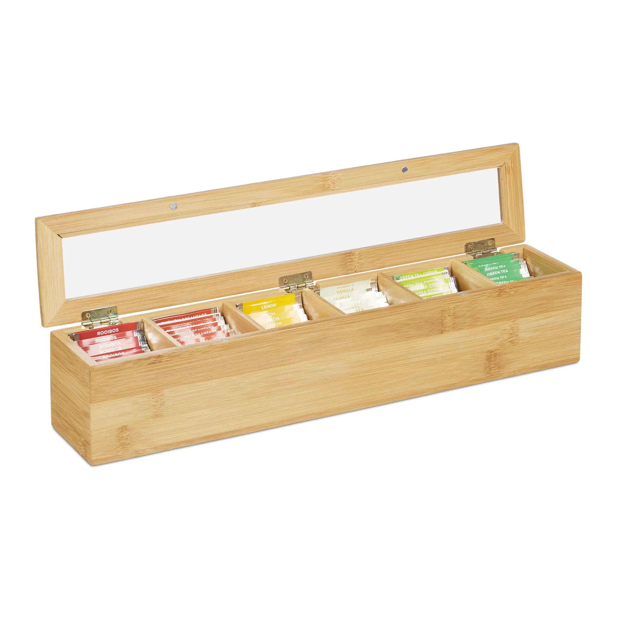 

Bamboo Tea Organizer Box With 6 Compartments And Clear Lid