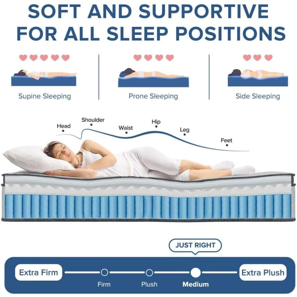 12 Inch Medium Firm Hybrid Mattress with Bamboo Charcoal Gel Memory Foam and Pocketed Springs