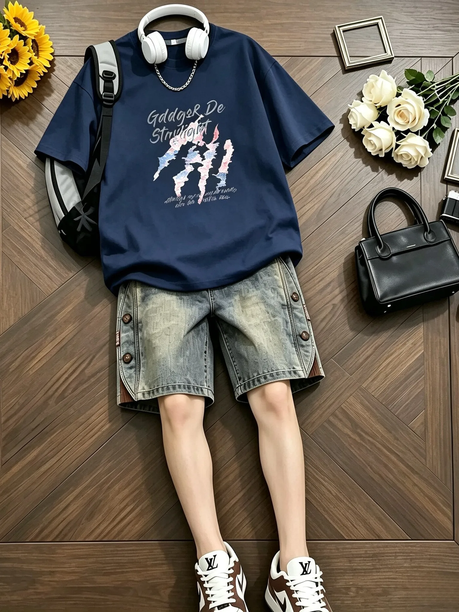Conjunto de Camisetas de Algodão Puro Retro Americano de Manga Curta para Homens, Roupas Casuais de Verão para Meninos Adoles...