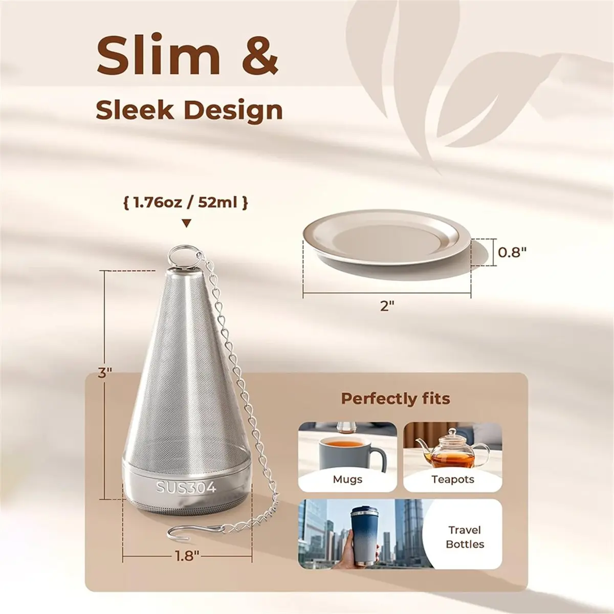 Utility Design Cone Tea Infusers for Loose Leaf Tea, 304 Stainless Steel Tea Strainer Fine Mesh, 1.8