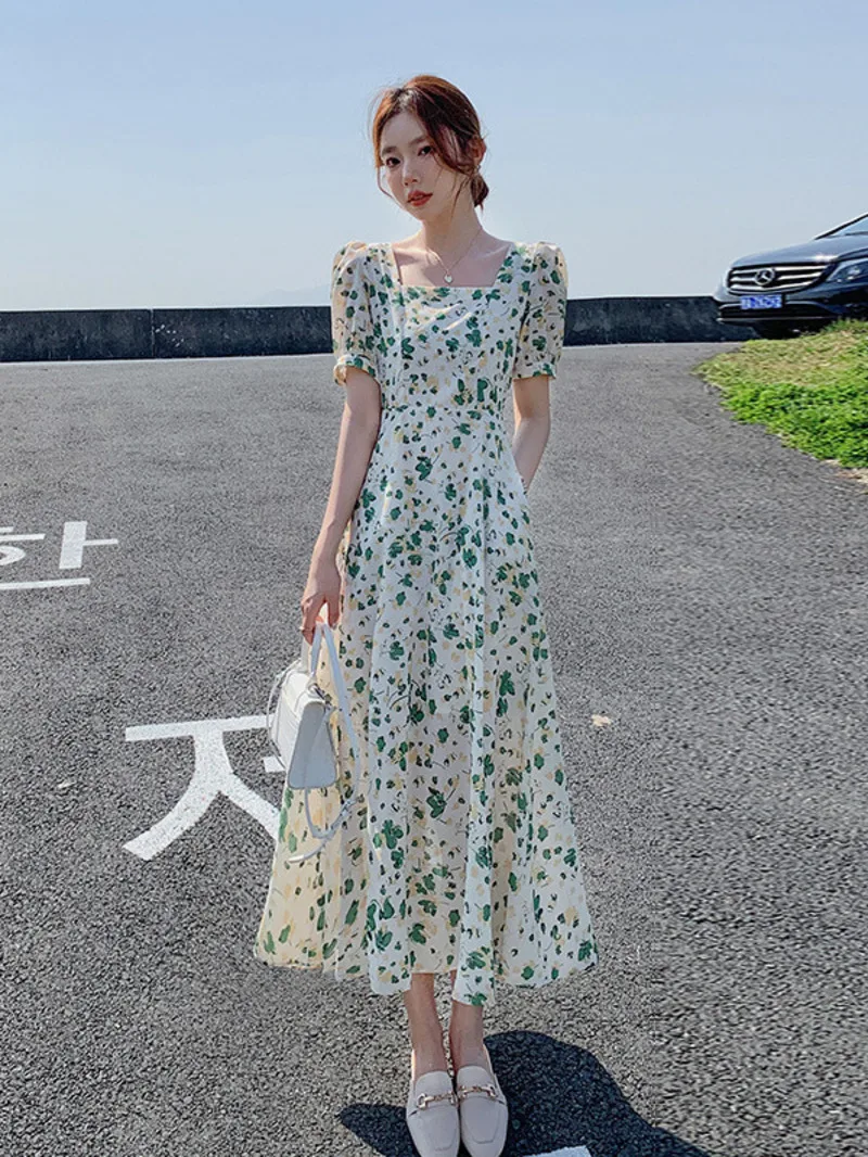 

Green floral dress for women's summer 2024 new small figure slimming center rectangular collar A-line chiffon fairy dress X7LQ