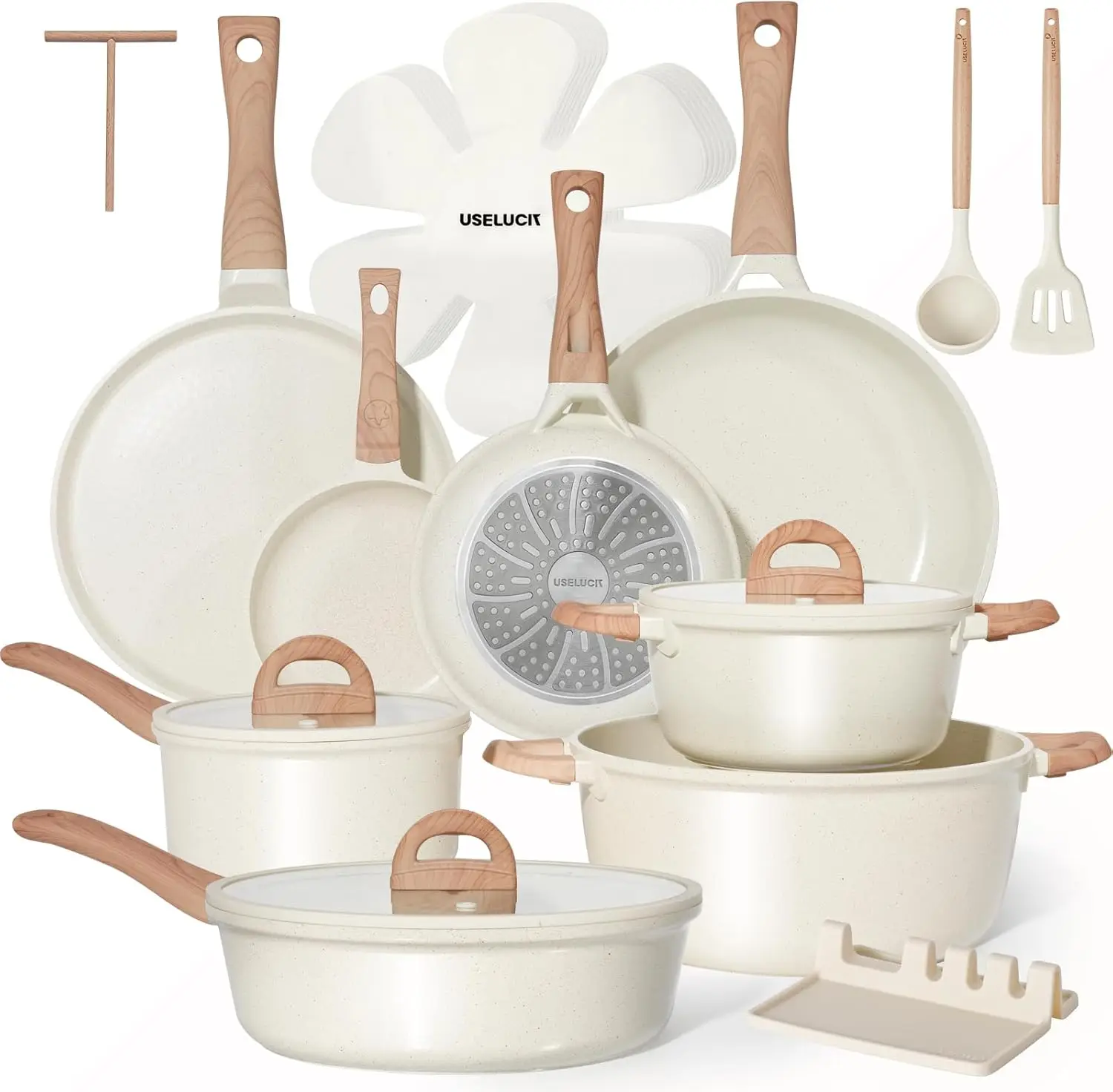 

Pots and Pans Set Non Stick Non-Toxic 22 Pcs Ceramic Cookware Sets Nonstick Kitchen Pot&Pan With Lid Cream White Granite Inducti