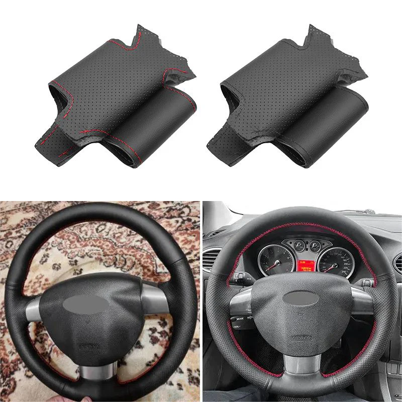 Perforated Leather Hand Sewing Steering Wheel Cover Trim Fabric For Ford Focus 2 2005 2006 2007 2008 2009 2010 2011 (3-Spoke)