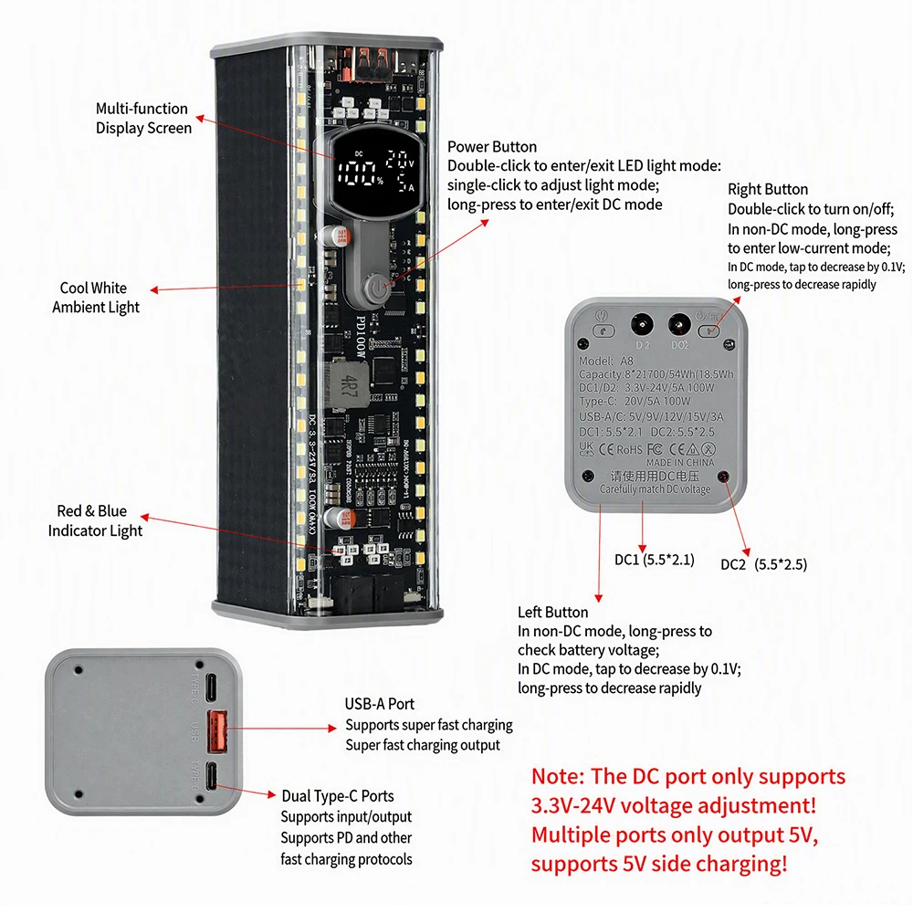 PD100W Hochleistungs-Powerbank-Gehäuse, lötfreier 8-Zellen-21700-Batteriehalter, DC-Spannungsregelung, hochhelle LED-Außenleuchte – Detail 9