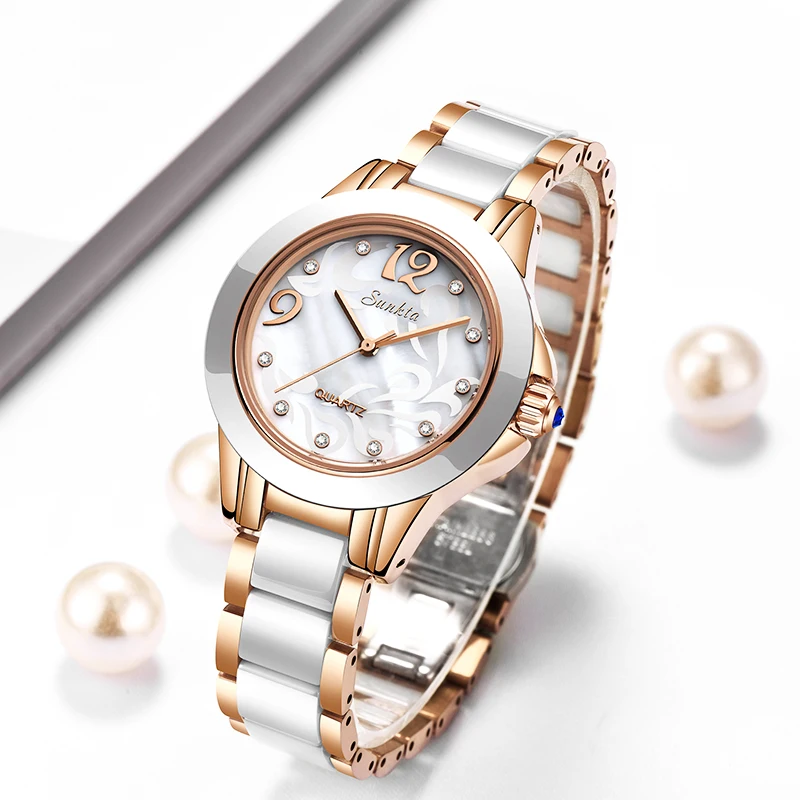 

SUNKTA Ceramic Women Watch Fashion Waterproof Ladies Watches Elegant Female Bracelet Wristwatch Luxury Quartz Clock Montre Femme