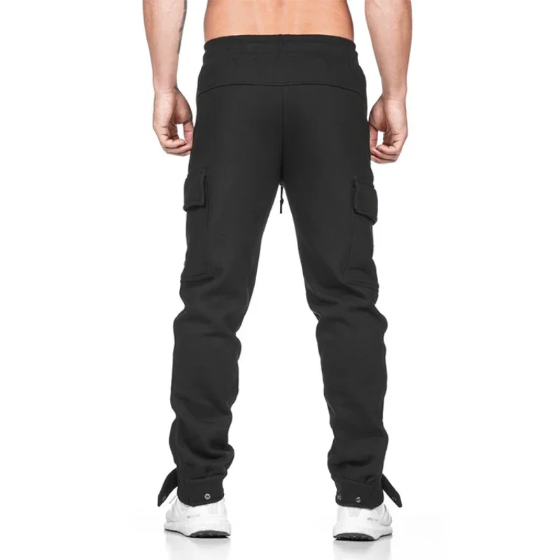 

Men Gym Snap Fastener Adjustable Leg Opening Cargo Pants Pockets Casual Trousers Men's Fitness Sweatpants Cotton Sports Pants