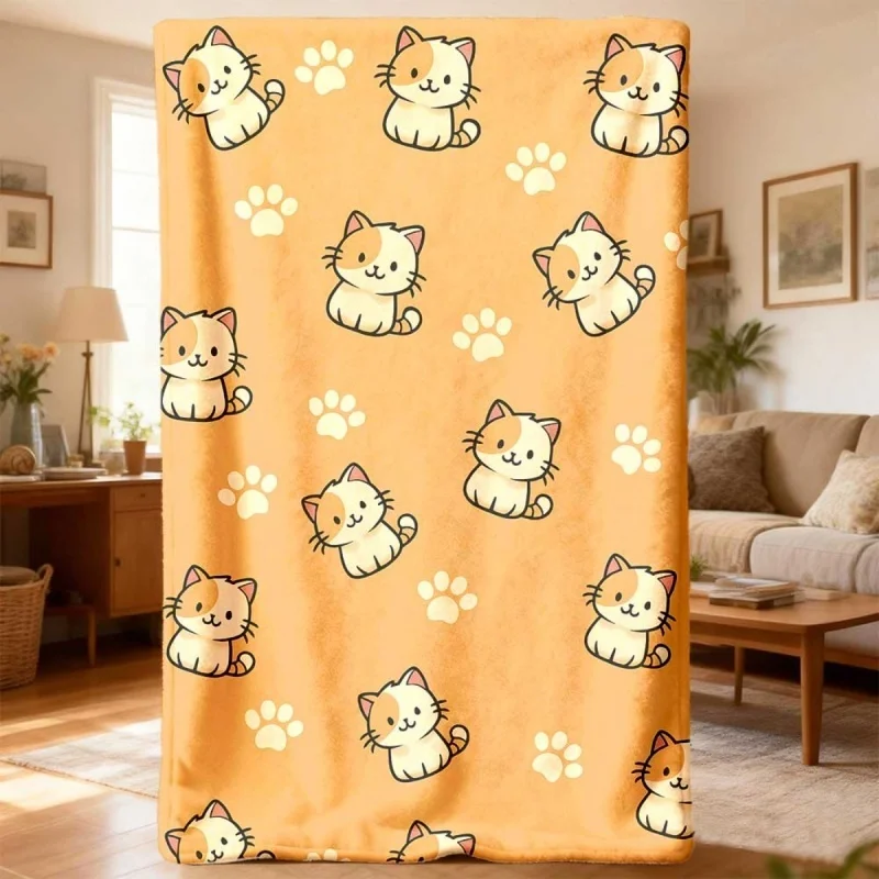 Newest Orange Background Cartoon Cat Paw Repeat Flannel Throw Blanket, Cute Kitten Print Blanket for Sofa Bedroom Decor